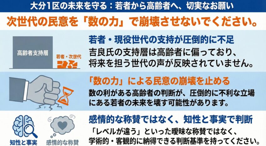 2026衆院選大分1区吉良州司氏支持者の60歳以上と高齢者の皆様へ。若い世代を適当な称賛で潰すのは楽しいですか？